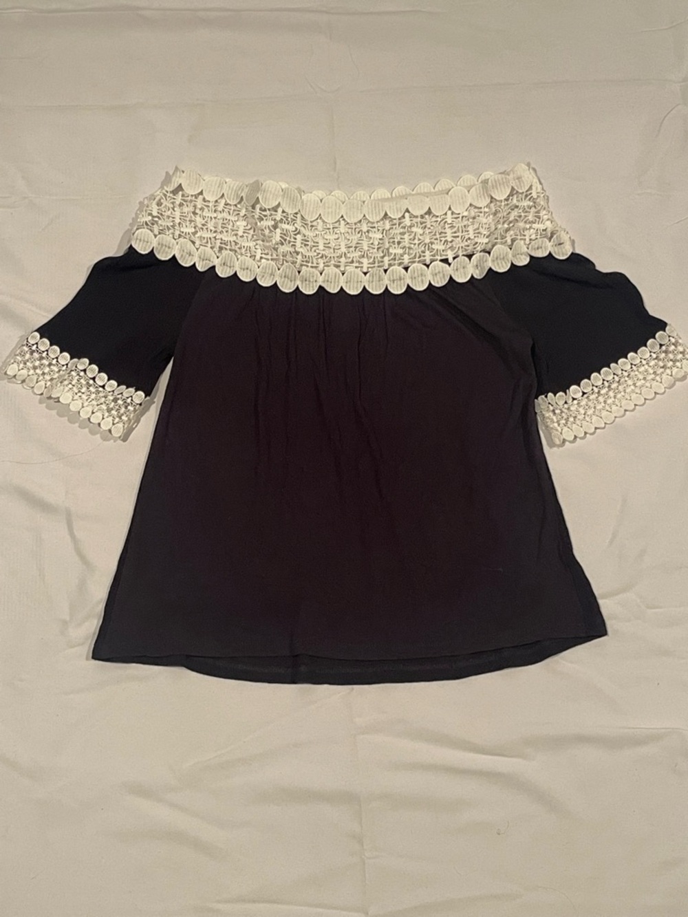 INC International Concepts Black Off-Shoulder Top with White Crochet
